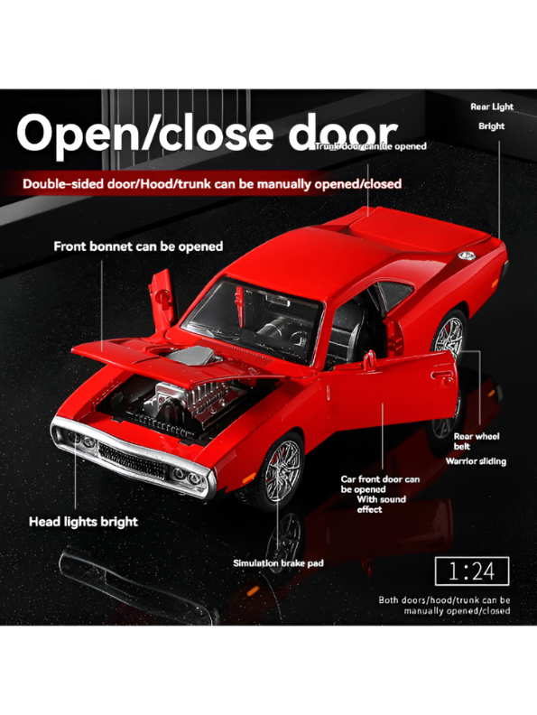 1970 Dodge Charger Diecast Alloy Model Car 1:24 Scale | Red Lights, Sound & Pull-Back Action TV5608