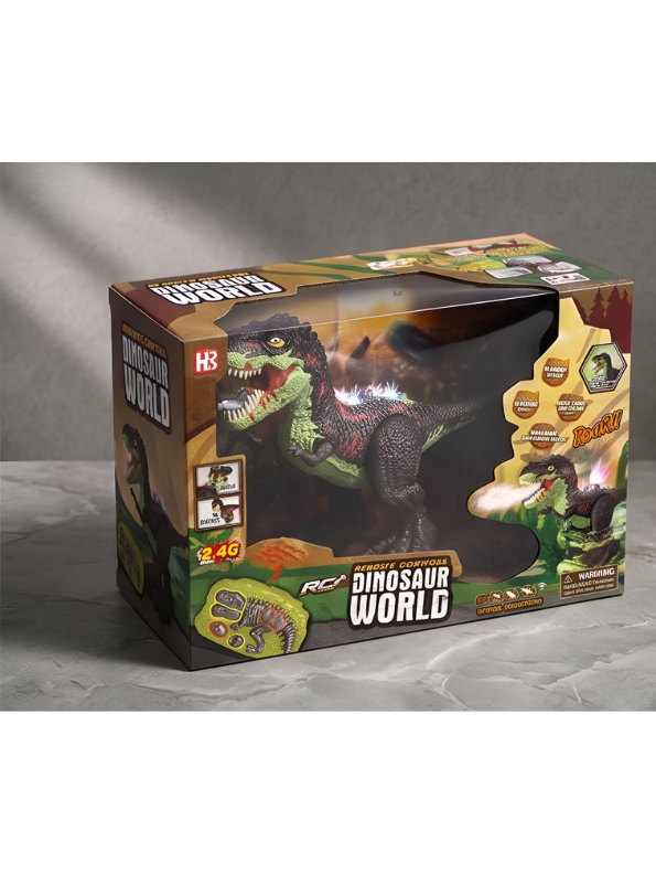 2.4G Remote Control Black T-Rex Dinosaur Toy with Realistic Mist Spray, LED Lights, Roaring Sound, and 360° Rotation - Walking Tyrannosaurus Rex RC Robot for Kids LMI15366