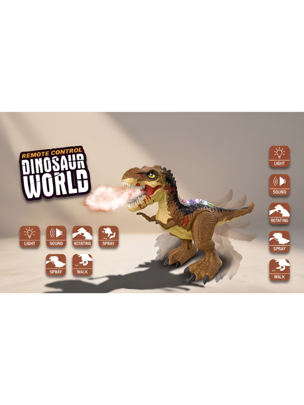 2.4G Remote Control Brown T-Rex Dinosaur Toy with Realistic Mist Spray, LED Lights, Roaring Sound, and 360° Rotation - Walking Tyrannosaurus Rex RC Robot for Kids LMI15366