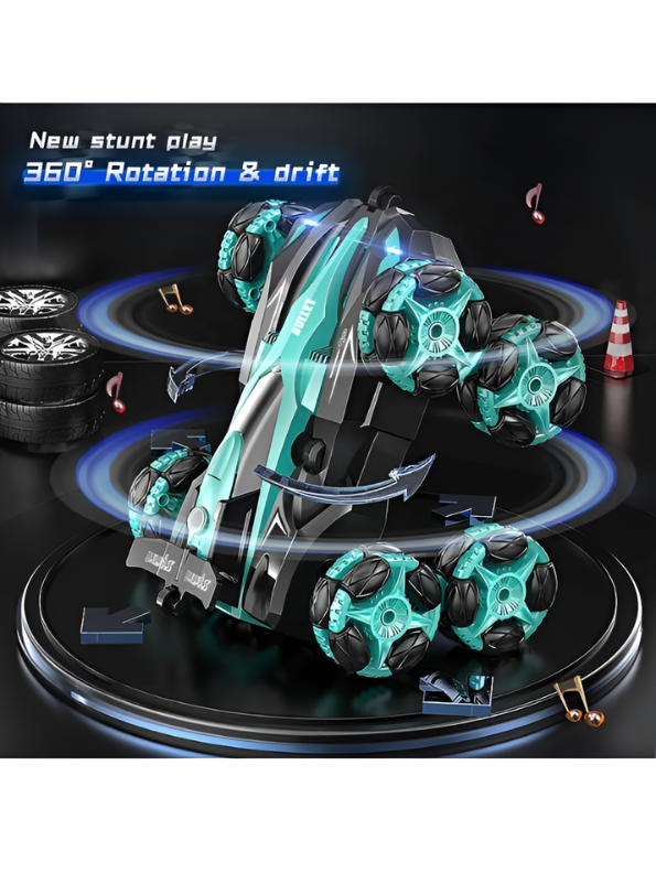 2.4G All-Terrain RC Green Robot Dog Stunt Vehicle with Drift Wheels, Mist Spray & LED Lights MD711