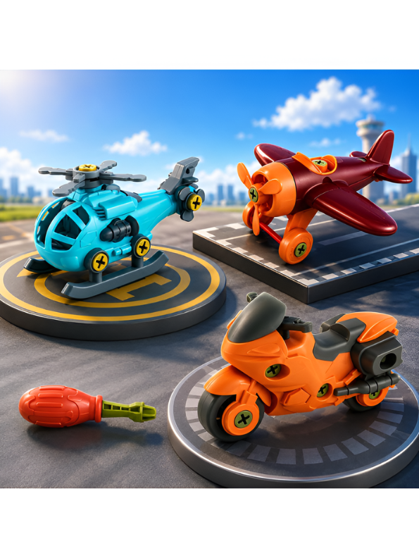 3-Piece DIY Assembly Vehicle Set – Take-Apart Bike, Airplane & Helicopter with Toy Tool LMI14896