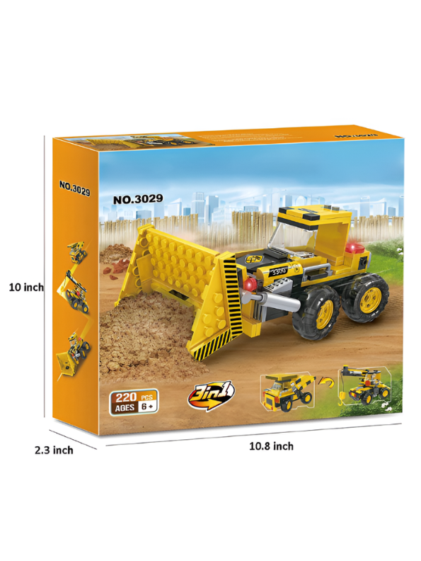 3-in-1 Construction Building Blocks Toy Set (220 Pieces) – Creative Engineering Play Set with Bulldozer, Dump Truck, and Crane Toys for Kids Ages 6+ TV7150