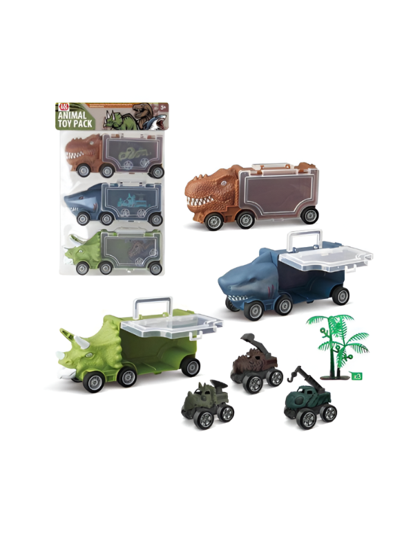 3-in-1 Dinosaur & Shark Transport Truck Toy Set with Mini Monster Trucks and Figures LMI16531.