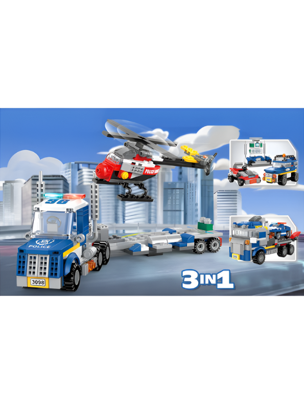 3-in-1 Police Force Building Block Set – Educational Construction Toy with Police Truck, Helicopter, and Patrol Car for Kids TV6558