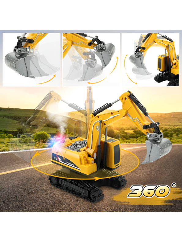 3-in-1 RC Excavator Toy Truck – Remote Control Construction Vehicle with Alloy Bucket, Grabber & Drill, 360° Rotation TV5477.