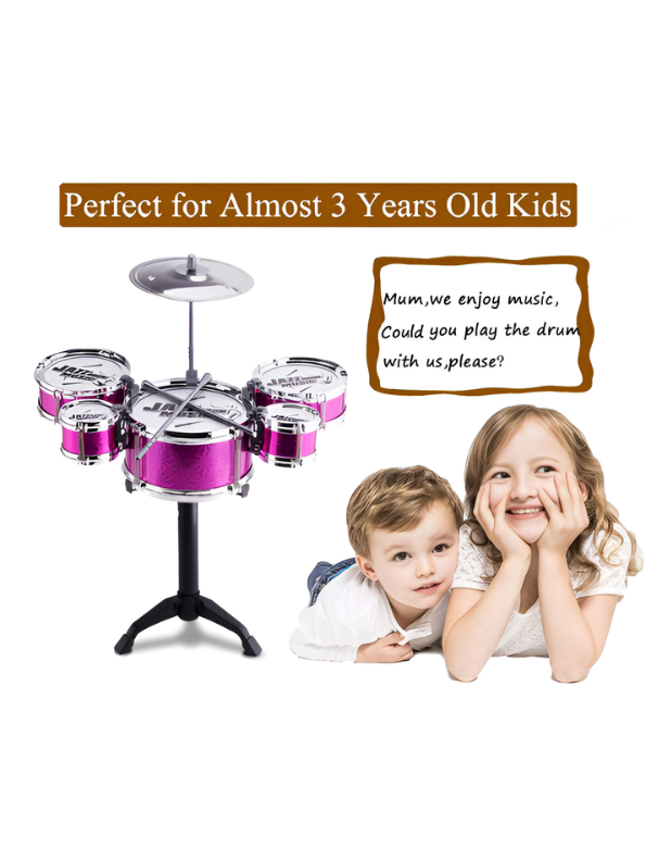 3-Drum Kids Jazz Musical Toy Set with Cymbal & Stool – Pink TV6756