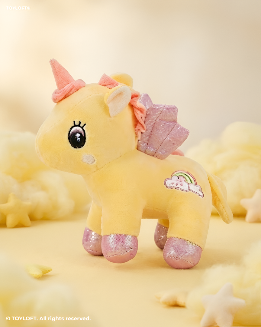 8 Inch Unicorn Soft Toy with Glitter Wings & Rainbow Patch Yellow ST11459.