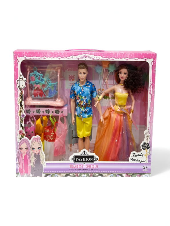 Fashion Doll Couple Gift Set with Wardrobe Accessories – Includes Male & Female Dolls, Party Outfits, Clothes Rack, and Balloons – Pretend Play Toy for Girls Ages 3+ TV3819