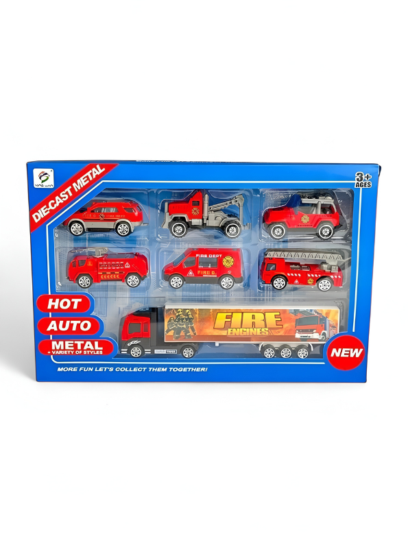 Die-Cast Metal Fire Rescue Toy Vehicle Set - 7-Piece Emergency Engine Collection with Large Transport Carrier Truck - Red Fire Trucks, SUV, & Tow Truck Play Set for Kids Ages 3+ TV5695