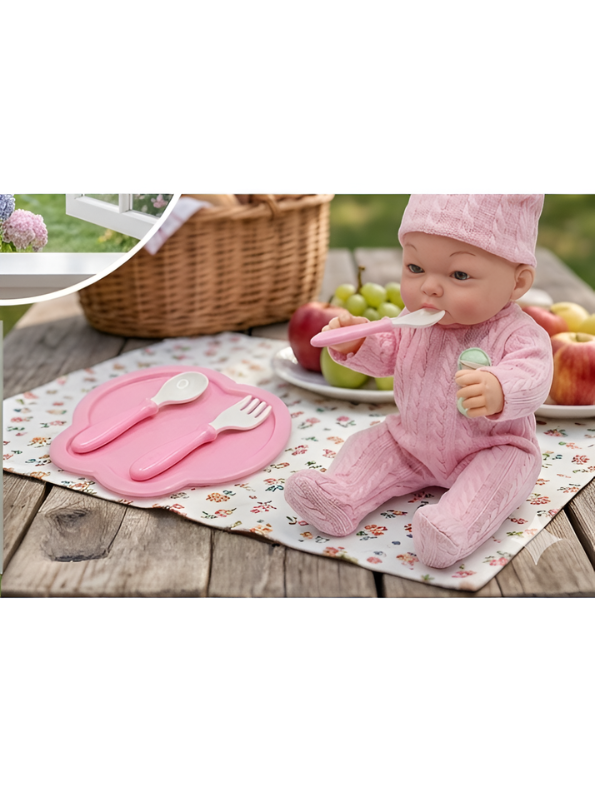 Realistic Baby Doll Gift Set in Pink Cable Knit Outfit - Includes Toy Plate, Fork, Spoon, and Rattle - Posable Vinyl Newborn Doll for Toddlers TV1491