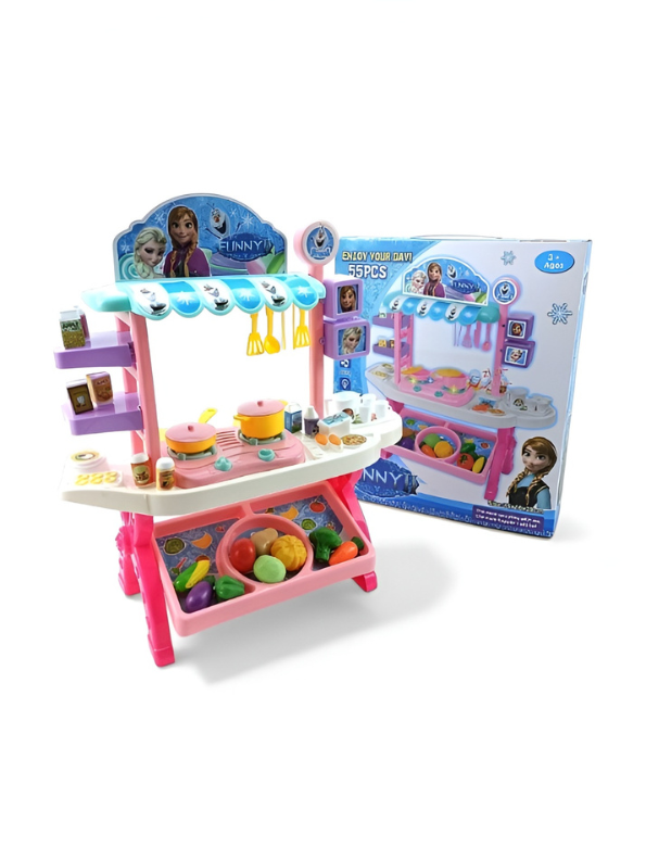 Kids Play Kitchen Set with 55 Accessories - Toddler Cooking Toy Market Stall - Includes Pots, Pans, Play Food, and Storage Bin - Interactive Role Play Gift for Girls and Boys Ages 3+ TV2219