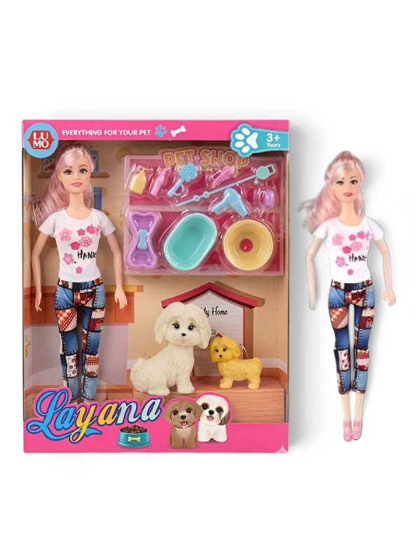 Doll with Pet Shop Grooming Set for Girls Fashion Doll with Pink Hair, 2 Toy Dogs, and 11 Bathing & Feeding Accessories Pretend Play Toys Set for Kids Ages 3+ LMI12737