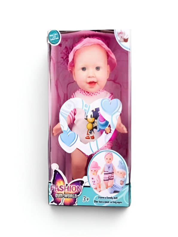 Fashion Our World Realistic Baby Doll Playset - 12 Inch Lifelike Newborn Toy with Pink Sun Hat & Striped Outfit - Soft Body Infant Doll for Toddlers Ages 3+ TV2180