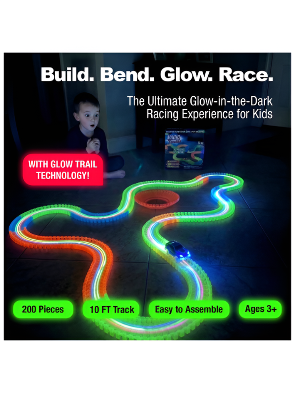 Magic Tracks 264-Piece Speedway Glow in the Dark Race Track Set – Flexible Bendable Track with 2 Mega Loops and LED Toy Car – STEM Building Toy for Kids Ages 3+ TV2270