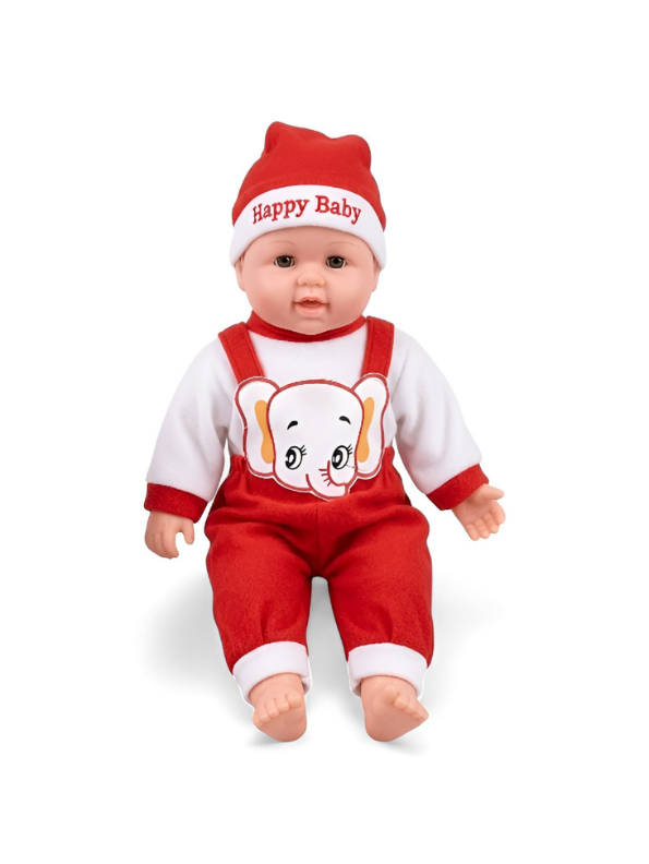 Soft Body Baby Doll in Red Elephant Overalls and "Happy Baby" Hat – Realistic Play Doll for Toddlers and Kids TV415