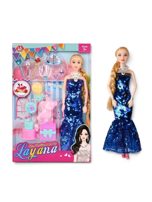 The Persian Beauty Fashion Doll Set (Blue) with Articulated Joints Moveable Head, Shoulders, Elbows, Wrists, Thighs & Knees | Includes Pink Sequin Gown, Tiara, Jewelry, and Miniature Toy Accessories for Girls Ages 3+ LMI12203