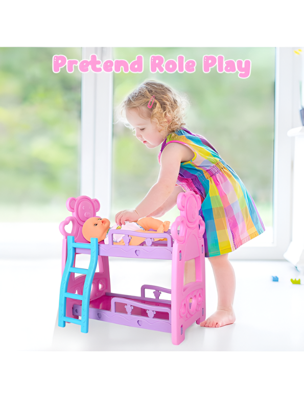 Miniature Baby Doll Bunk Bed Playset – Pink & Blue Toy Bed with 2 Small Dolls and Accessories for Kids TV2155