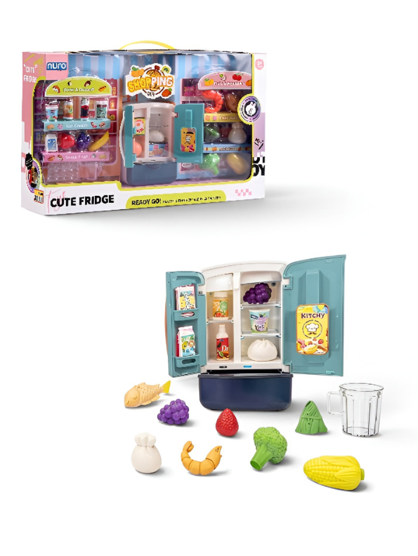 Pretend Play Kitchen Refrigerator Toy Set with Mini Food Accessories – Kids Toy Fridge with Play Food, Fruits, Vegetables, Drinks & Desserts, Educational Cooking Toy Gift for Toddlers Boys & Girls NX16803