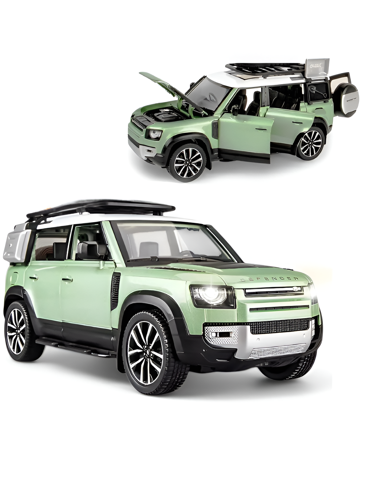 Land Rover Defender Diecast Model Car - Green 1:32 Scale Replica in Metallic with Roof Rack LMI16728