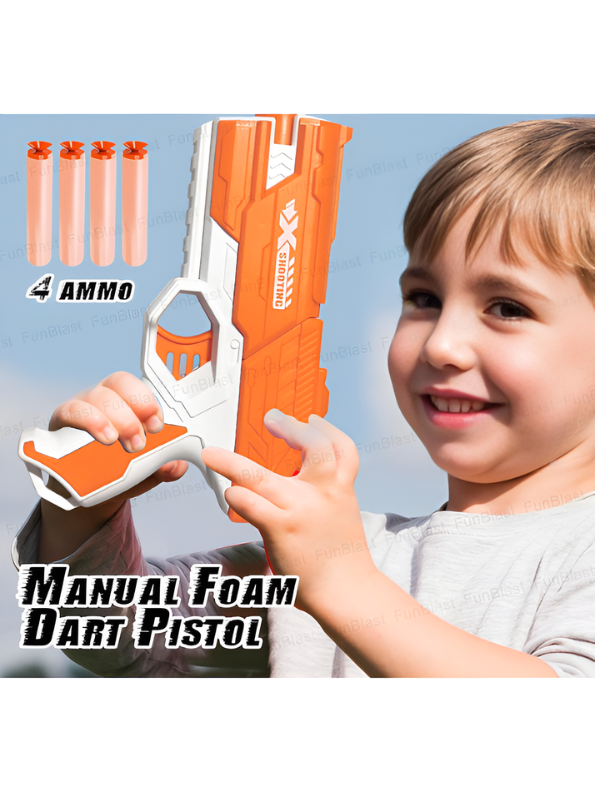 Soft Bullet Toy Gun Orange - Kids Foam Dart Blaster Pistol with 4 Suction Cup Darts & Ammo Storage, Pull-Back Action High-Speed Shooting Blaster Gun Toy for Kids LMI14922