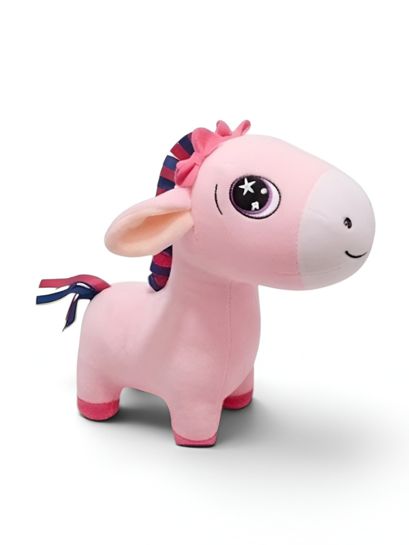 Premium 7-Inch Pink Donkey Plush Toy Cute Stuffed Animal with Embroidered Eyes & Festive Ribbon Mane Ultra-Soft Velvet Toy for Kids & Nursery Decor ST16517