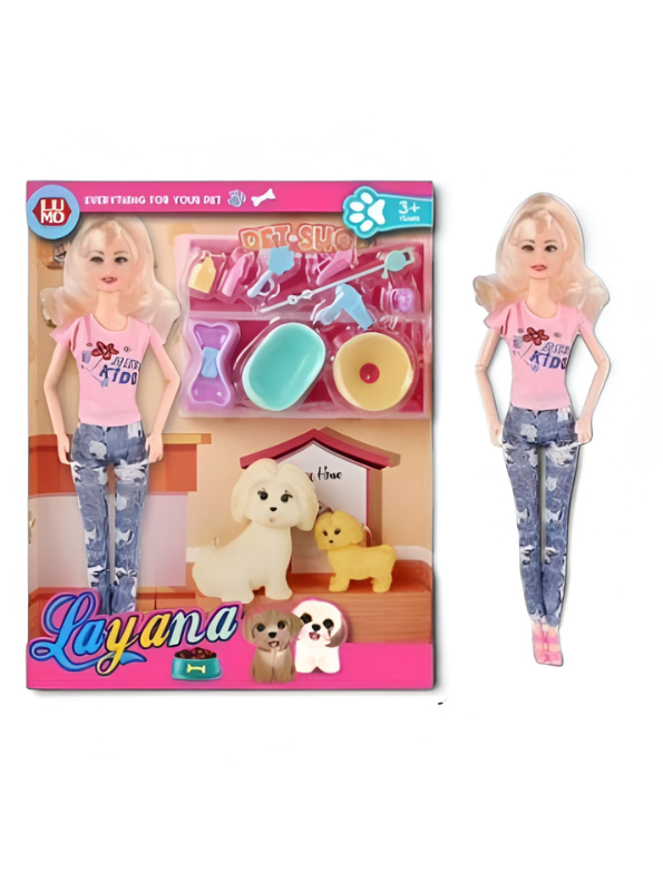 Doll with Pet Shop Grooming Set for Girls Fashion Doll with Golden Hair, 2 Toy Dogs, and 11 Bathing & Feeding Accessories Pretend Play Toys Set for Kids Ages 3+ LMI12737