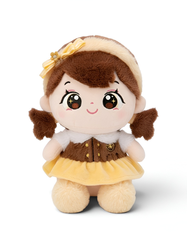 Cute Soft Plushie Girl in Yellow Skirt & Headband – 8-Inch Decorative Stuffed Doll – Perfect Holiday Gift for Girls ST16663