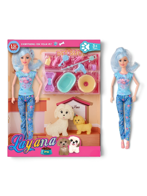 Doll with Pet Shop Grooming Set for Girls Fashion Doll with Blue Hair, 2 Toy Dogs, and 11 Bathing & Feeding Accessories Pretend Play Toys Set for Kids Ages 3+ LMI12737
