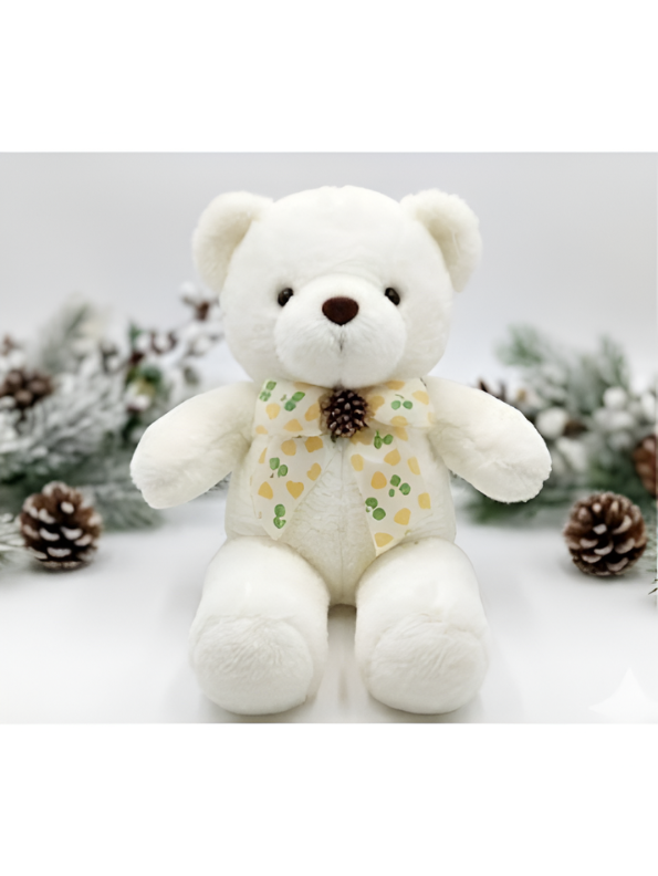 Teddy Bear Stuffed Animal - Soft White 8 Inch Cute Plush Toy with Heart-Patterned Ribbon & Pinecone Detailing, Perfect Winter & Holiday Gift ST16464