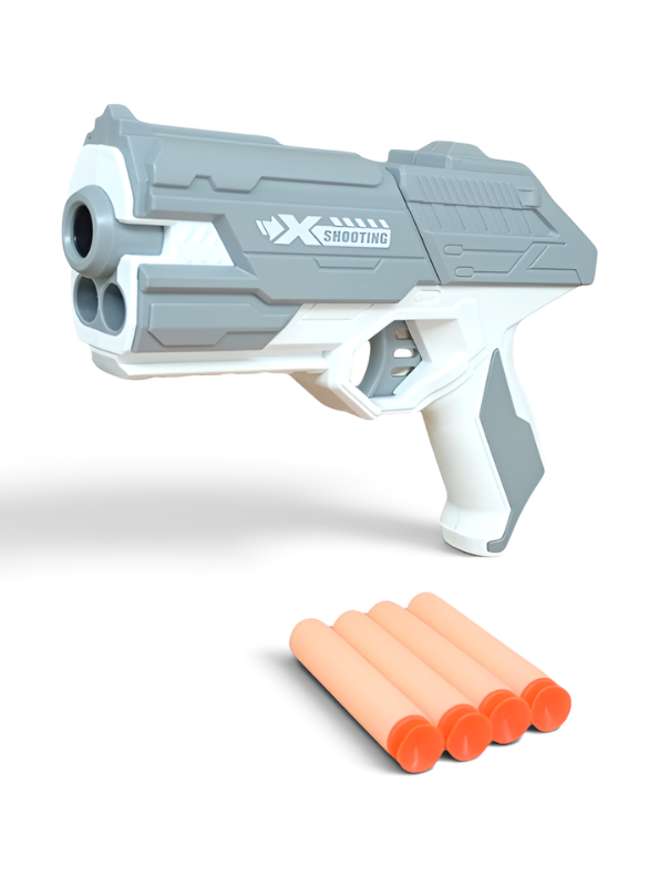 Soft Bullet Toy Gun Grey - Kids Foam Dart Blaster Pistol with 4 Suction Cup Darts & Ammo Storage, Pull-Back Action High-Speed Shooting Blaster Gun Toy for Kids LMI14922