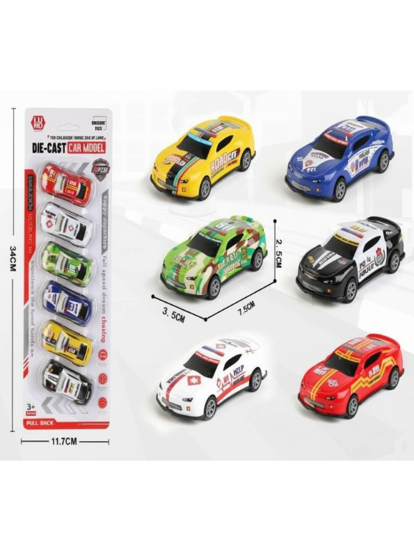 6-Piece Die-Cast Metal Pull Back Toy Car Set – Mini Racing, Police & Emergency Vehicles for Kids TV15683
