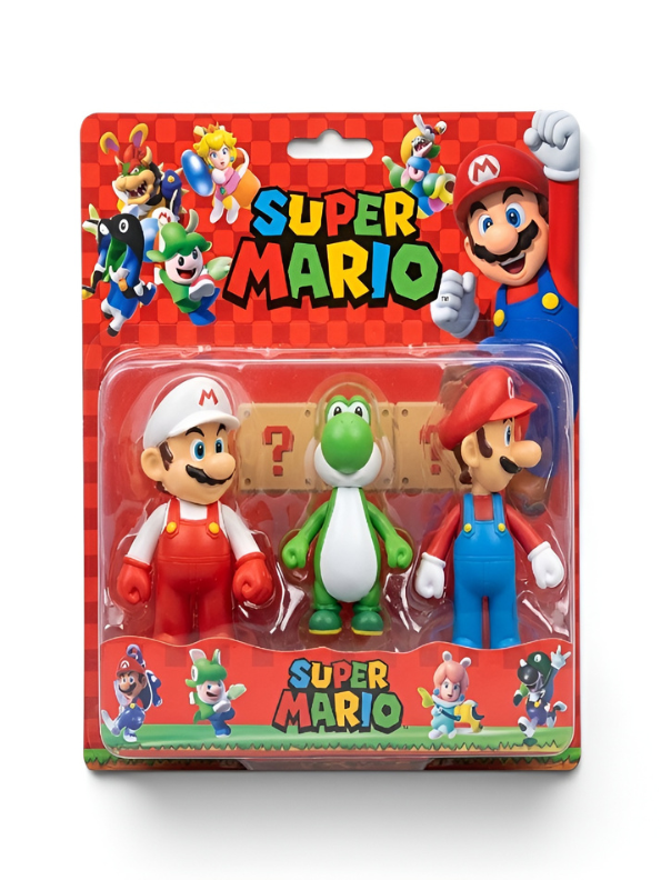Super Mario Action Figure 3-Pack - Includes Fire Mario, Yoshi, and Classic Mario Toys - 4" Collectible Figures TV1183
