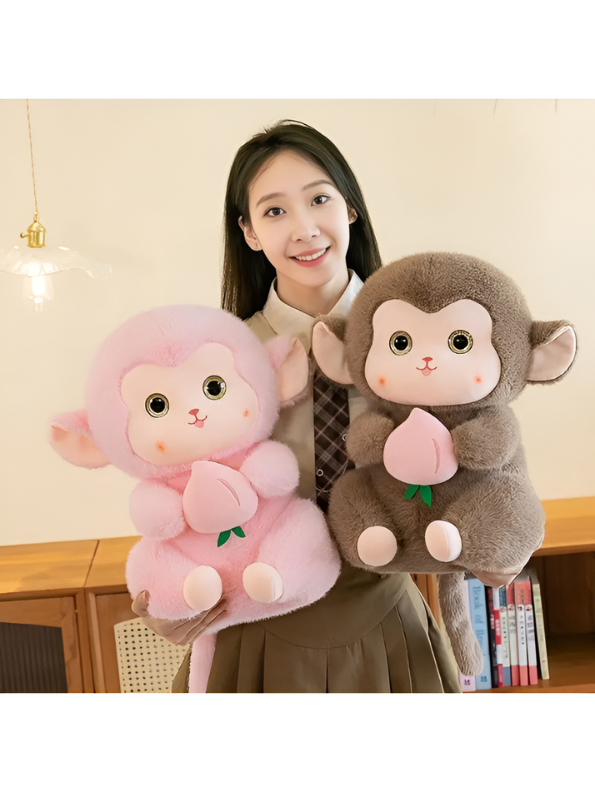 Pink Cute Monkey Plush Toy with Pink Peach, 10-Inch Soft Stuffed Animal Monkey Doll, Kawaii Nursery Decor and Birthday Gift for Kids, Girls and Boys ST14143