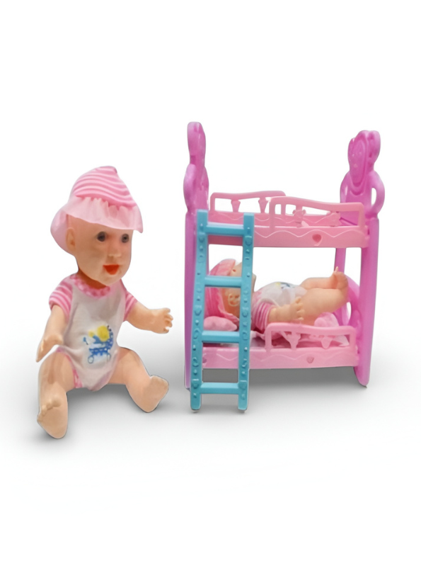Miniature Baby Doll Bunk Bed Playset – Pink & Blue Toy Bed with 2 Small Dolls and Accessories for Kids TV2155