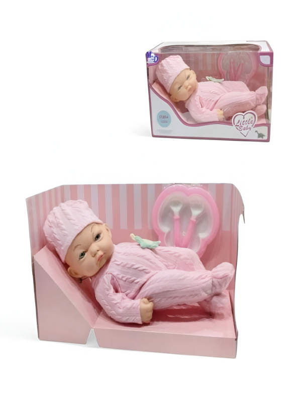 Realistic Baby Doll Gift Set in Pink Cable Knit Outfit - Includes Toy Plate, Fork, Spoon, and Rattle - Posable Vinyl Newborn Doll for Toddlers TV1491