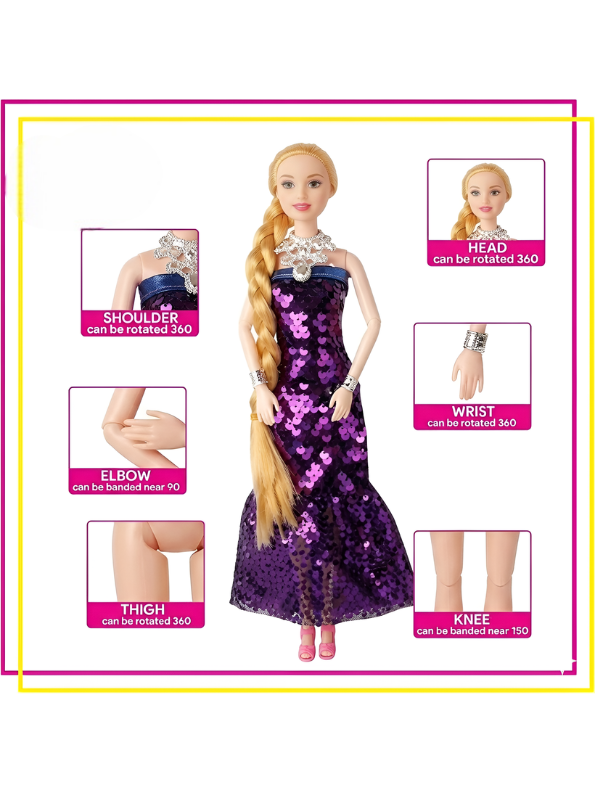 The Persian Beauty Fashion Doll Set (Purple) with Articulated Joints Moveable Head, Shoulders, Elbows, Wrists, Thighs & Knees | Includes Pink Sequin Gown, Tiara, Jewelry, and Miniature Toy Accessories for Girls Ages 3+ LMI12203