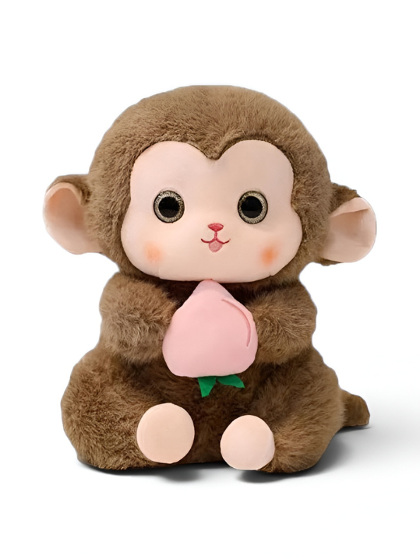 Grey Cute Monkey Plush Toy with Pink Peach, 10-Inch Soft Stuffed Animal Monkey Doll, Kawaii Nursery Decor and Birthday Gift for Kids, Girls and Boys ST14143