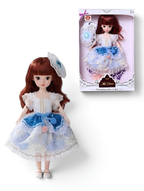 Beautiful Blue Fairy Princess Fashion Doll Set with Articulated Joints, Luxury Embroidered Dress, Floral Tiara, and Handbag – Elegant Toy Gift for Girls LMI10447