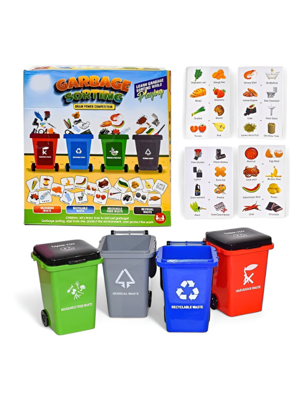Educational Garbage Sorting Game Toy for Kids - 4 Mini Trash Bins & 100+ Recycling Flashcards | Early Childhood Waste Management & Environmental Awareness Learning Set TV3331
