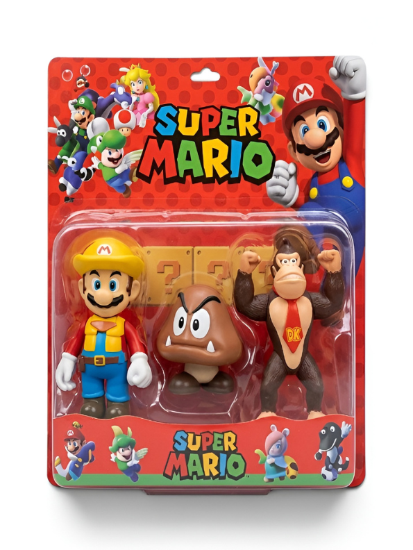 Super Mario 3-Pack Action Figure Set featuring Builder Mario, Goomba, and Donkey Kong – Collectible Nintendo Toy Set for Kids and Fans TV1183