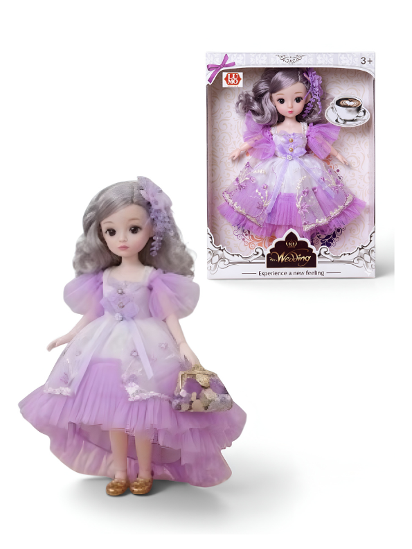 Beautiful Lavender Fairy Princess Fashion Doll Set with Articulated Joints, Luxury Embroidered Dress, Floral Tiara, and Handbag – Elegant Toy Gift for Girls LMI10447