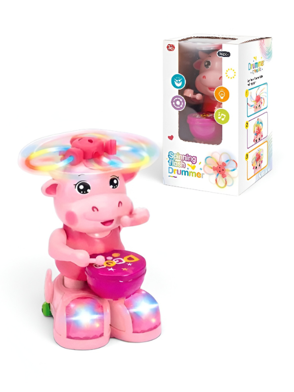 Musical Pink Cow Drummer Toy for Toddlers - Electronic Dancing Toy with 360° Spinning Flash Lights, Omnidirectional Bump & Go Driving, Walking & Drumming Action, Early Educational Gift for Kids 3+ LMI13950