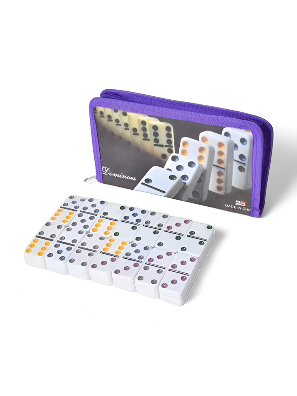 Portable Double-Six Dominoes Travel Set - 91 Piece Professional Color Dot Dominoes in Compact Purple Zipper Bag - Classic Indoor/Outdoor Family Fun TV5417