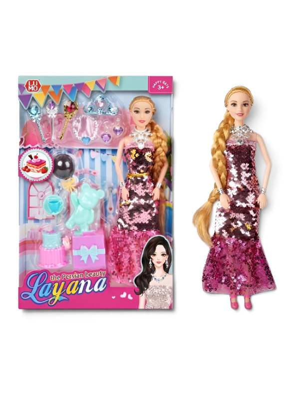 The Persian Beauty Fashion Doll Set (Pink) with Articulated Joints Moveable Head, Shoulders, Elbows, Wrists, Thighs & Knees | Includes Pink Sequin Gown, Tiara, Jewelry, and Miniature Toy Accessories for Girls Ages 3+ LMI12203