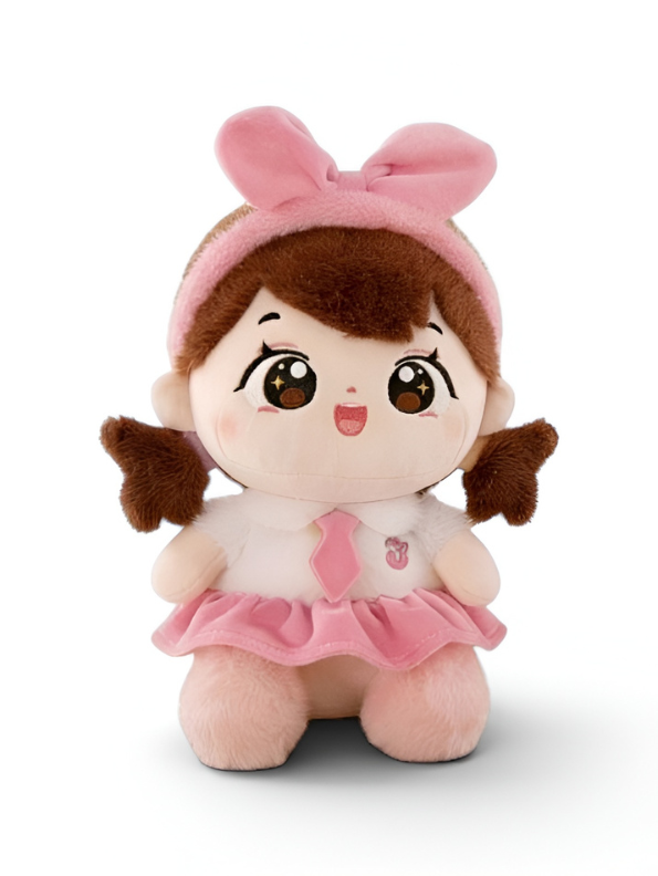 Cute Soft Plushie Girl in Pink Skirt & Headband – 8-Inch Decorative Stuffed Doll – Perfect Holiday Gift for Girls ST16663