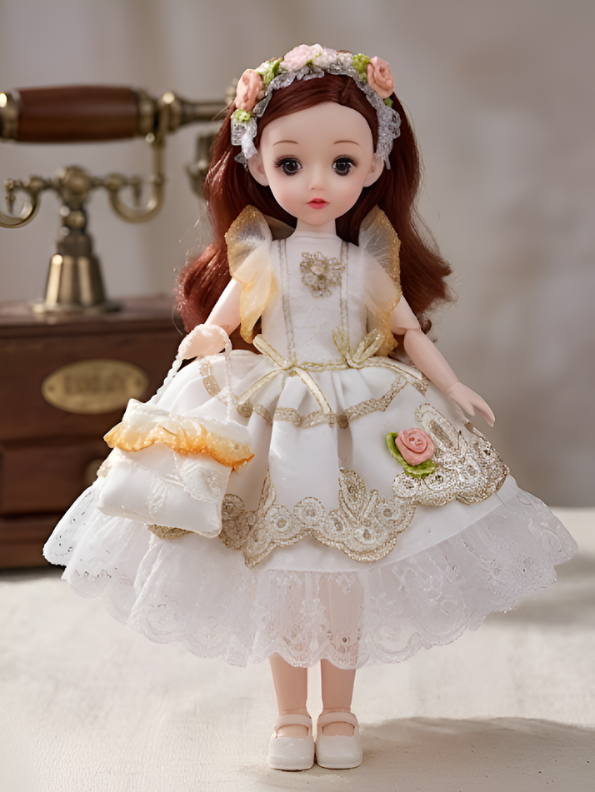 Beautiful White Fairy Princess Fashion Doll Set with Articulated Joints, Luxury Embroidered Dress, Floral Tiara, and Handbag – Elegant Toy Gift for Girls LMI10447