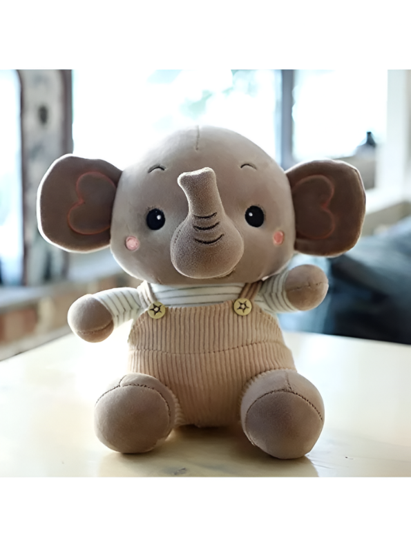 Brown Elephant Plush Toy 8-Inch Soft Stuffed Animal with Corduroy Overalls & Striped Shirt – Cute Nursery Decor & Huggable Companion for Toddlers and Kids ST11457