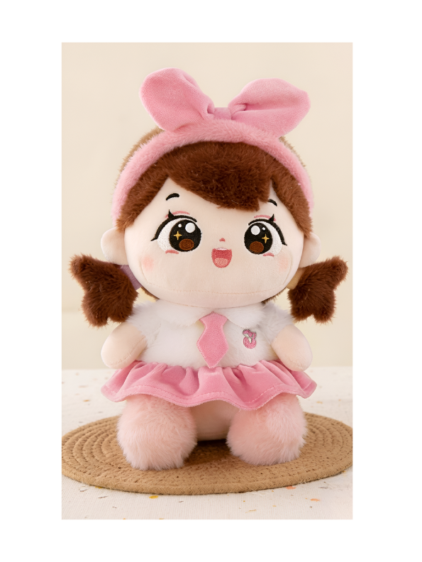 Cute Soft Plushie Girl in Pink Skirt & Headband – 8-Inch Decorative Stuffed Doll – Perfect Holiday Gift for Girls ST16663