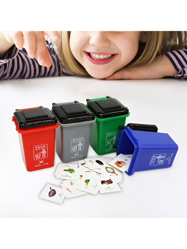 Educational Garbage Sorting Game Toy for Kids - 4 Mini Trash Bins & 100+ Recycling Flashcards | Early Childhood Waste Management & Environmental Awareness Learning Set TV3331