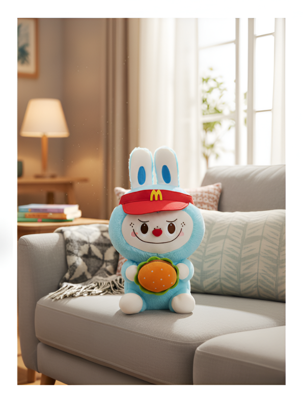 Aesthetic Rabbit Stuffed Animal wearing McDonald’s Fast Food Uniform Visor – High-Quality Plush Toy for K-Pop Fans and Character Collectors ST15969